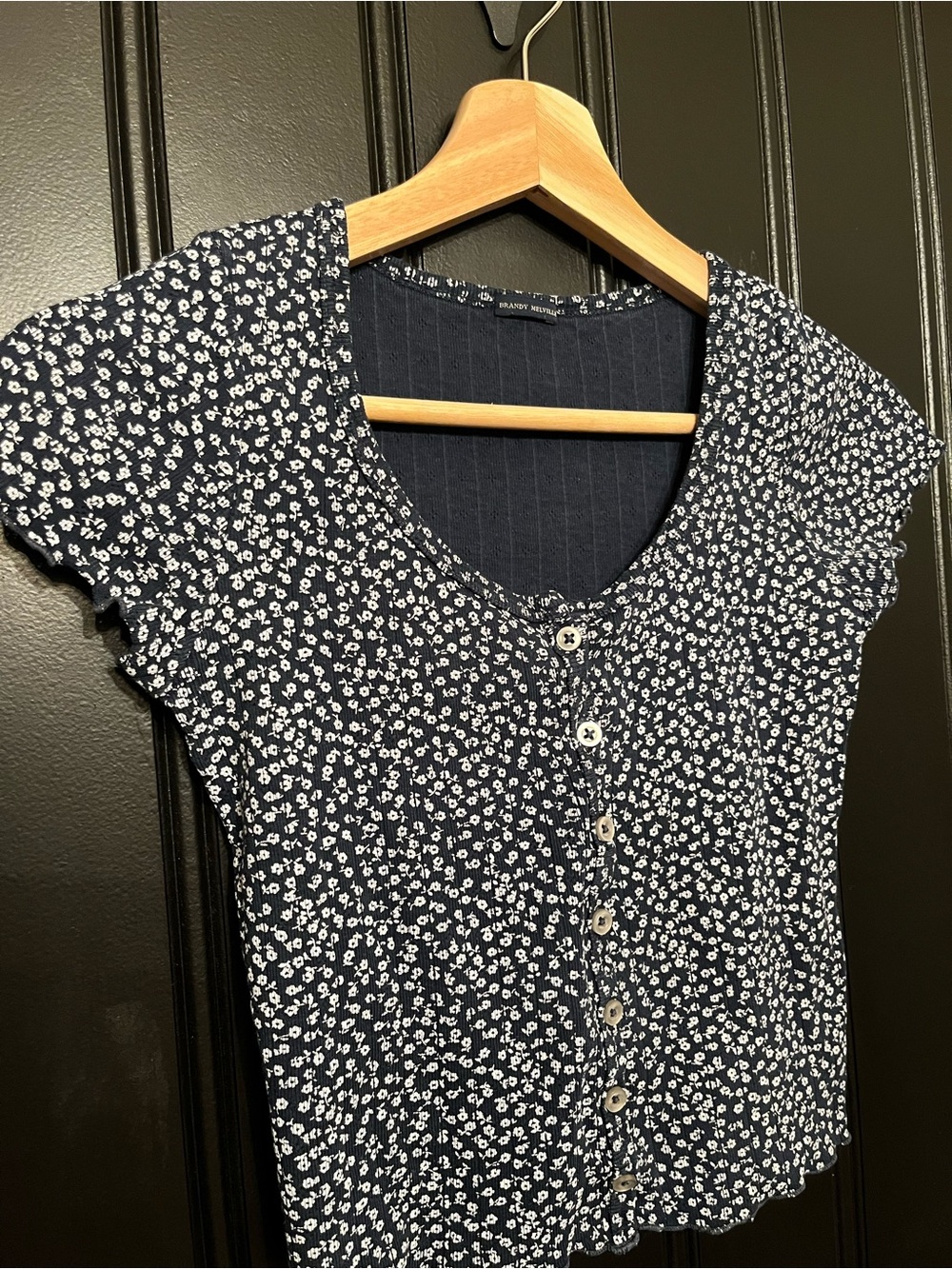 Brandy Melville Navy Floral Button-Front Crop Top